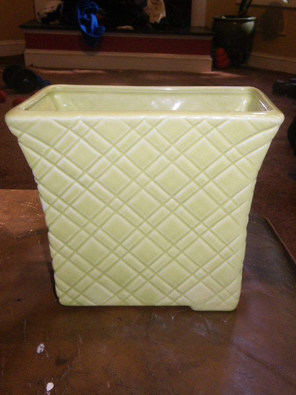 Vintage Stanford Pottery Style Green Rectangle Basketweave Ceramic Vase Planter